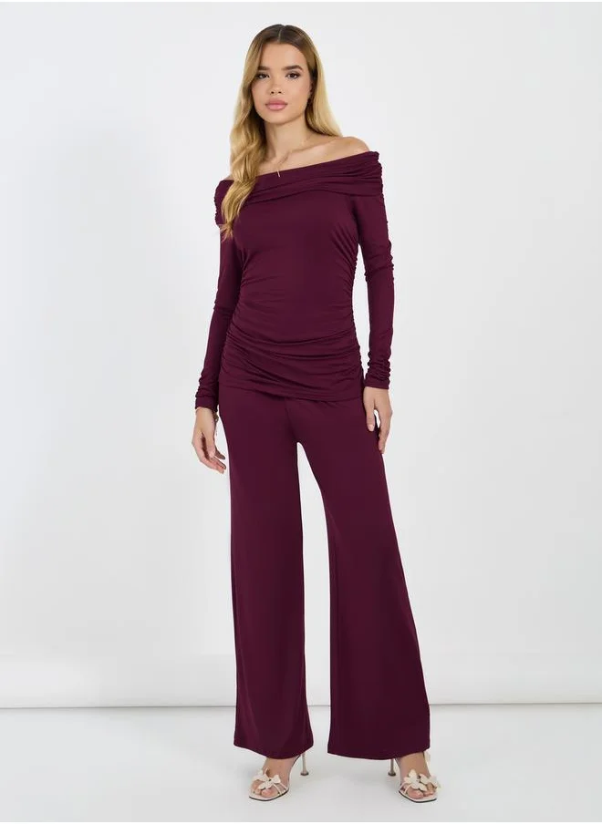 Styli Off Shoulder Top & Wide Leg Pants Co-Ords