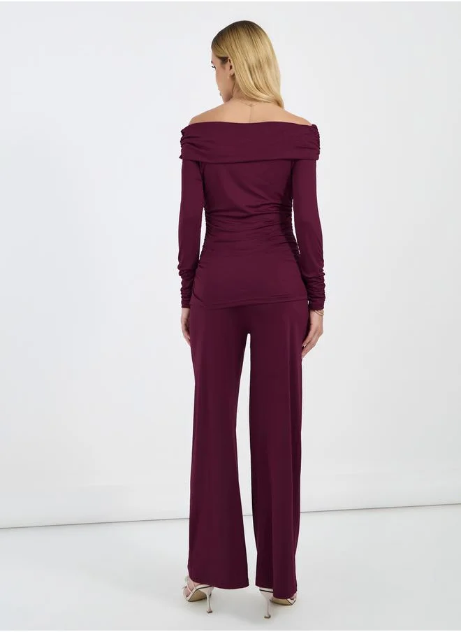 Styli Off Shoulder Top & Wide Leg Pants Co-Ords