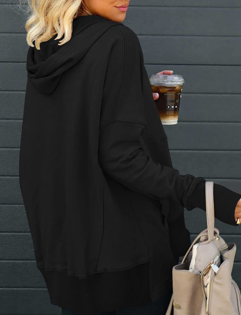 onlypuff Womens Oversized Hoodies Pullvoer V Neck Sweatshirt Juniors Button up Loose Fit Henley Winter Top with Pocket Black XXL - Image 3