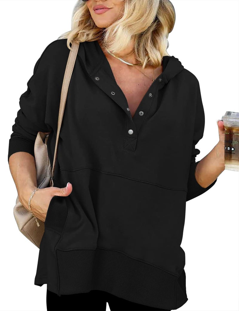 onlypuff Womens Oversized Hoodies Pullvoer V Neck Sweatshirt Juniors Button up Loose Fit Henley Winter Top with Pocket Black XXL - Image 1