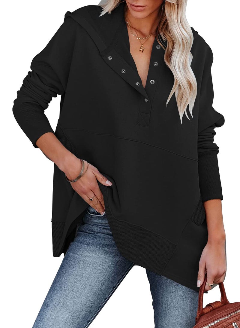 onlypuff Womens Oversized Hoodies Pullvoer V Neck Sweatshirt Juniors Button up Loose Fit Henley Winter Top with Pocket Black XXL - Image 2