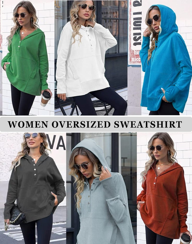 onlypuff Womens Oversized Hoodies Pullvoer V Neck Sweatshirt Juniors Button up Loose Fit Henley Winter Top with Pocket Black XXL - Image 4