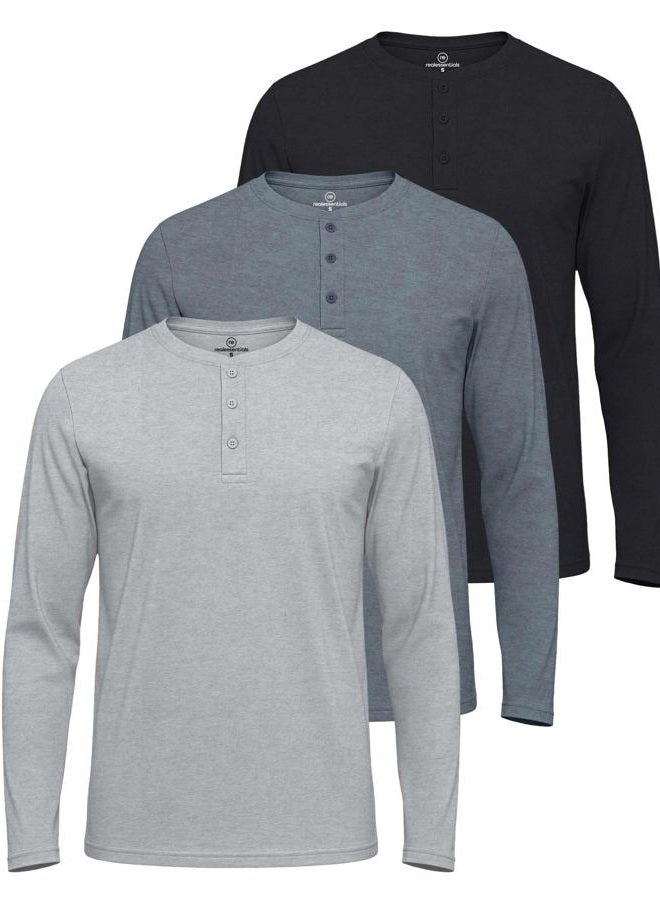 REALESSENTIALS Men s Cotton Long Sleeve Henley T-Shirt Placket Casual Workwear Fashion Shirts Relaxed Fit Soft Breathable Lounge Active Athletic Workout Quick Dry Fit Baseball Collarless Sleep Winter-Set 5, 3XL - Image 1