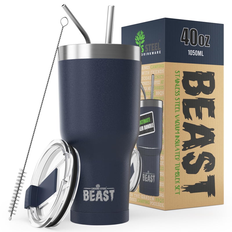 Greens Steel Beast 40 oz Tumbler Stainless Steel Vacuum Insulated Coffee Ice Cup Double Wall Travel Flask (Navy Blue)  - Image 1