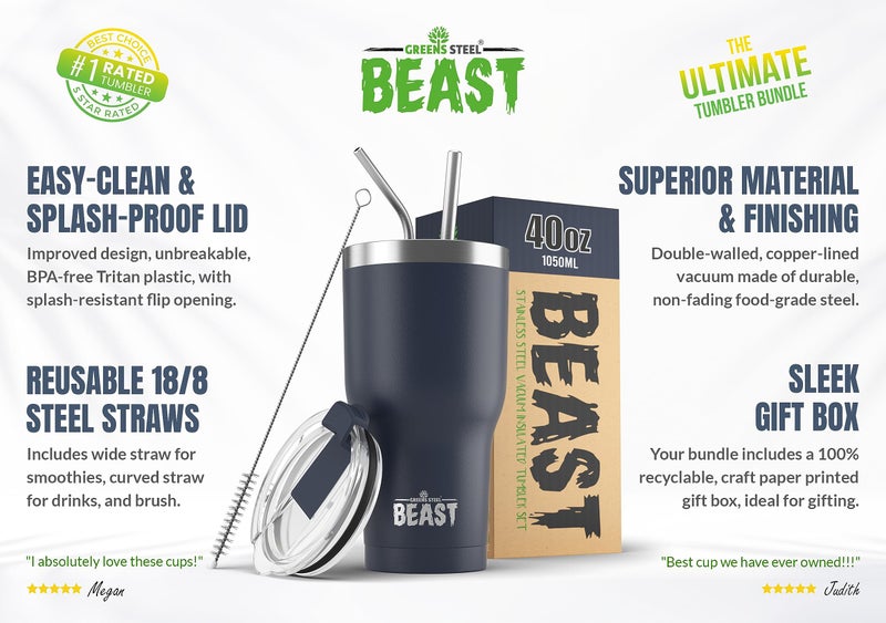 Greens Steel Beast 40 oz Tumbler Stainless Steel Vacuum Insulated Coffee Ice Cup Double Wall Travel Flask (Navy Blue)  - Image 2