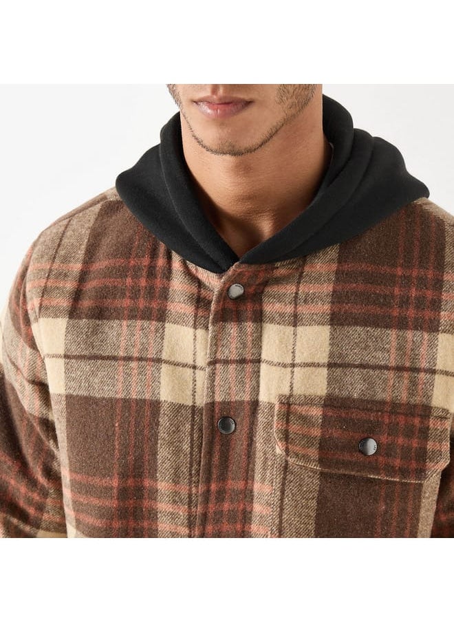 Lee Cooper Checked Oversized Hooded Jacket with Button Closure