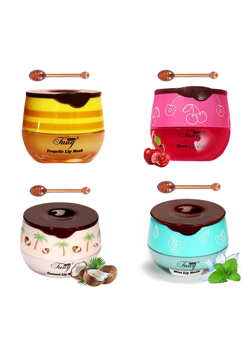 wenfeng 4 PCS Bee Lip Balm Honey PotLip Mask Propolis MoisturizingPrevention Dry and Cracked Lip Scrubs Exfoliator Lip Wrinkle Skin Care Products Honey  Coconut  Mint  Cherry 