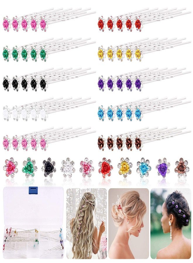 Rustark 50 Pcs Crystal Hair Pins Rose Flower Rhinestone Hair Clips U Shaped Hair Pins Bobby Pins Bun Hairpins for Wedding Bridal Women Hair Jewelry Accessories with Storage Case(10 Colors) - Image 1