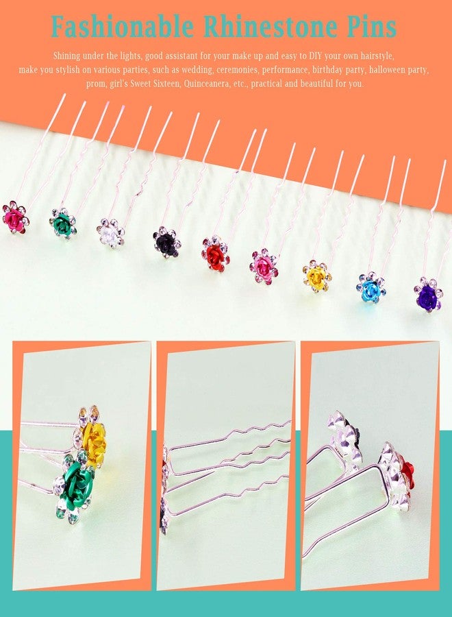 Rustark 50 Pcs Crystal Hair Pins Rose Flower Rhinestone Hair Clips U Shaped Hair Pins Bobby Pins Bun Hairpins for Wedding Bridal Women Hair Jewelry Accessories with Storage Case(10 Colors) - Image 5