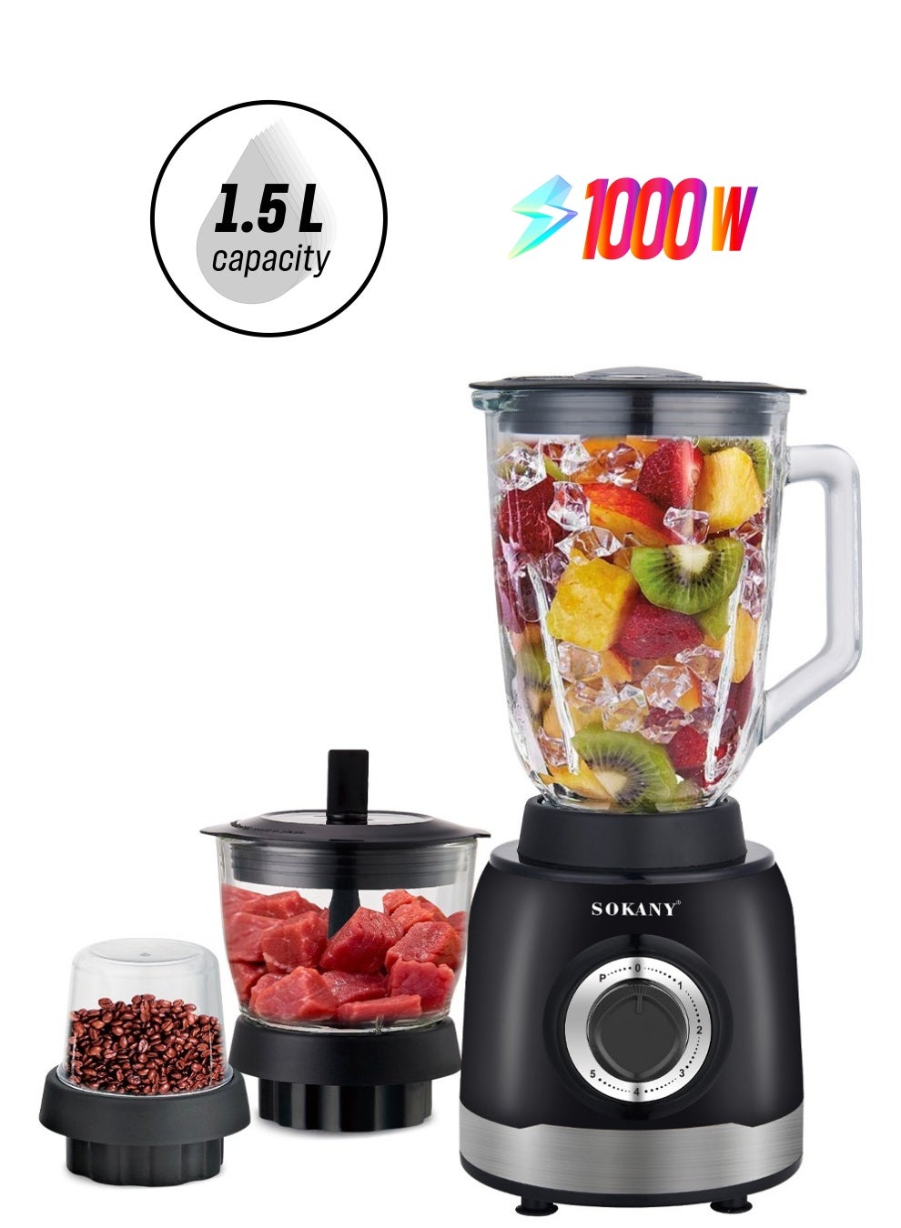 3-In-1 Juicer Blender, 1.5 Litre, 1000W Multi-Function High Speed Blender Ice Crusher with Mixer Grinder and Chopper Black