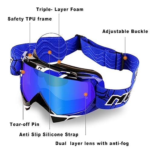 NENKI Adult Motocross Goggles - MX Goggles for Men & Women, Off Road & ATV Riding, Anti Fog, UV Protection, Dustproof, Blue Lens - Image 2