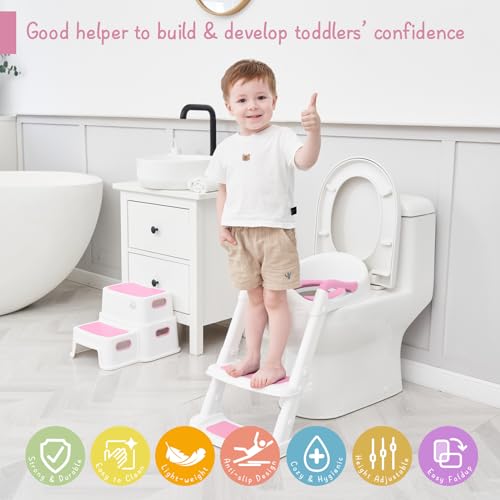 Forbena Potty Training Toilet Seat with Step Stool Ladder, Toddler Kids Potty Seat for Girls, Non Slip Foldable Toilet Training Seat with Soft Cushion, Comfortable Handles (White-Pink) - Image 4
