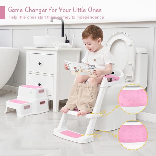 Forbena Potty Training Toilet Seat with Step Stool Ladder, Toddler Kids Potty Seat for Girls, Non Slip Foldable Toilet Training Seat with Soft Cushion, Comfortable Handles (White-Pink) - Image 2