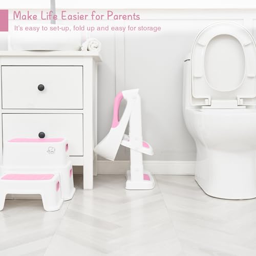 Forbena Potty Training Toilet Seat with Step Stool Ladder, Toddler Kids Potty Seat for Girls, Non Slip Foldable Toilet Training Seat with Soft Cushion, Comfortable Handles (White-Pink) - Image 5