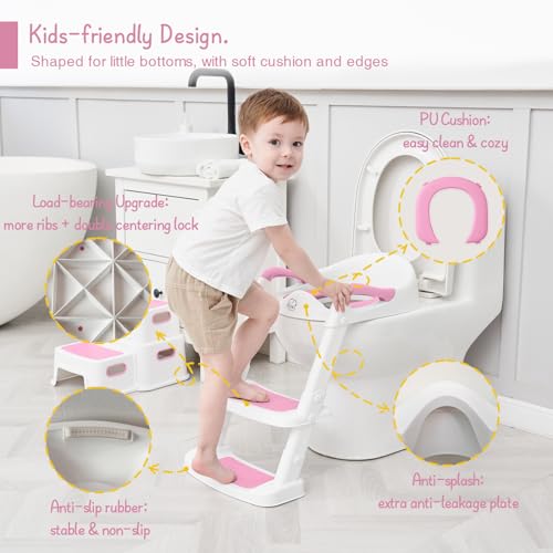 Forbena Potty Training Toilet Seat with Step Stool Ladder, Toddler Kids Potty Seat for Girls, Non Slip Foldable Toilet Training Seat with Soft Cushion, Comfortable Handles (White-Pink) - Image 3