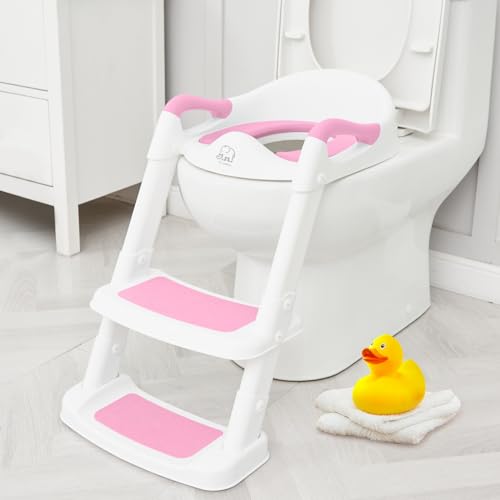 Forbena Potty Training Toilet Seat with Step Stool Ladder, Toddler Kids Potty Seat for Girls, Non Slip Foldable Toilet Training Seat with Soft Cushion, Comfortable Handles (White-Pink) - Image 1