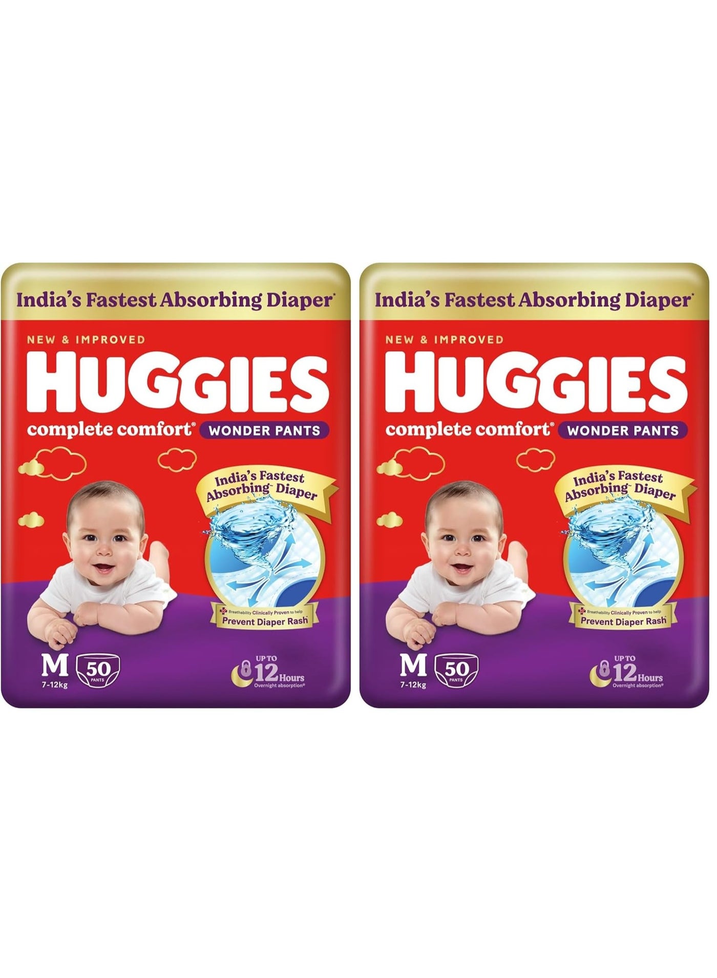 Huggies Complete Comfort Wonder Pants | Pant Style Baby Diapers M Size, 50 Count | India's Fastest Absorbing Diaper, Patented Dry Xpert Channel, Ideal for 7 to 12 Kgs (Pack of 2)