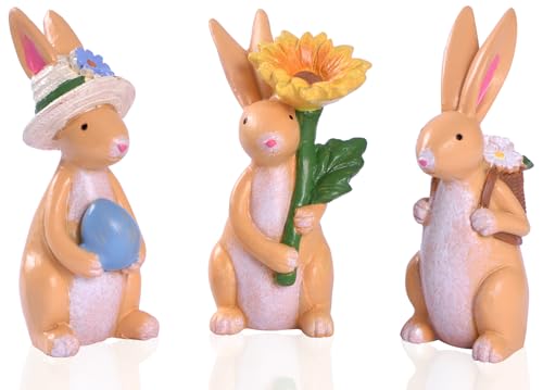 IDATOO Easter Bunny Figurines 3Pcs Colorful Resin Easter Bunnies Decor for Home Spring Rabbit Decor for Table Mantel Tiered Tray Holiday Decorations for Office Home Multicolor - Image 1