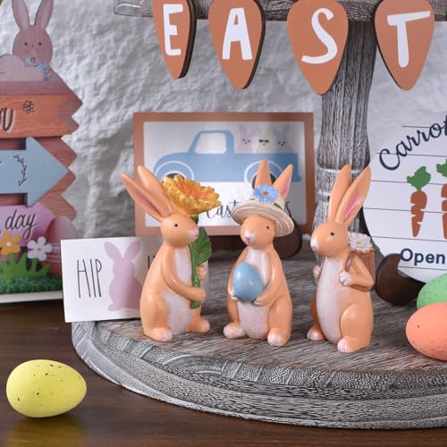 IDATOO Easter Bunny Figurines 3Pcs Colorful Resin Easter Bunnies Decor for Home Spring Rabbit Decor for Table Mantel Tiered Tray Holiday Decorations for Office Home Multicolor - Image 3
