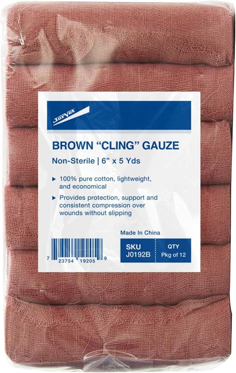 JorVet Brown Cling Gauze - 6" x 5 Yards, 12 Rolls of Non-Sterile Cotton Gauze for Wound Care and Pet Dressing - Image 1