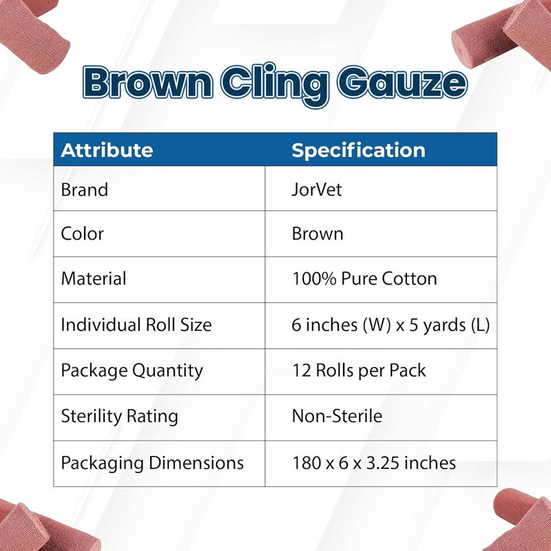JorVet Brown Cling Gauze - 6" x 5 Yards, 12 Rolls of Non-Sterile Cotton Gauze for Wound Care and Pet Dressing - Image 3