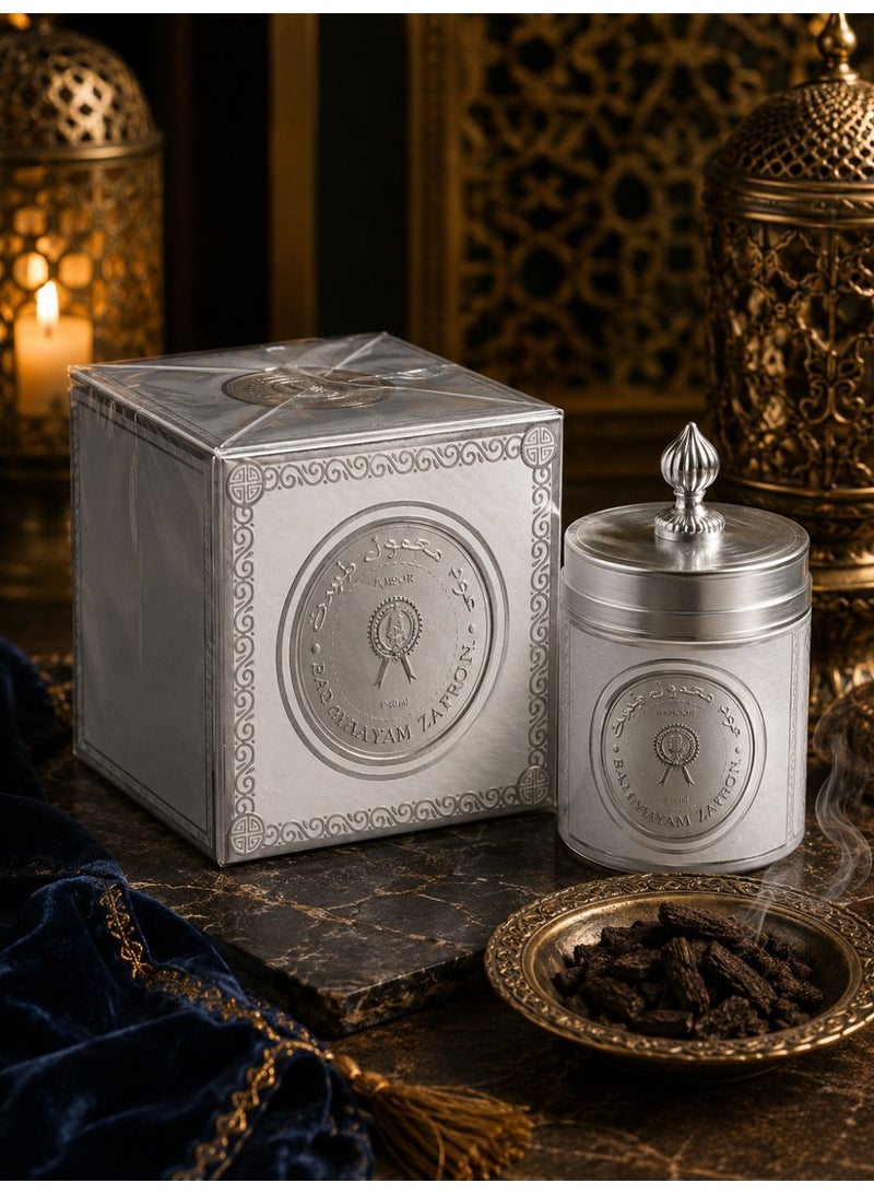 بخور معمول بالزعفران — علبة فضية فاخرة | بخور عربي أصيل برائحة العود والزعفران