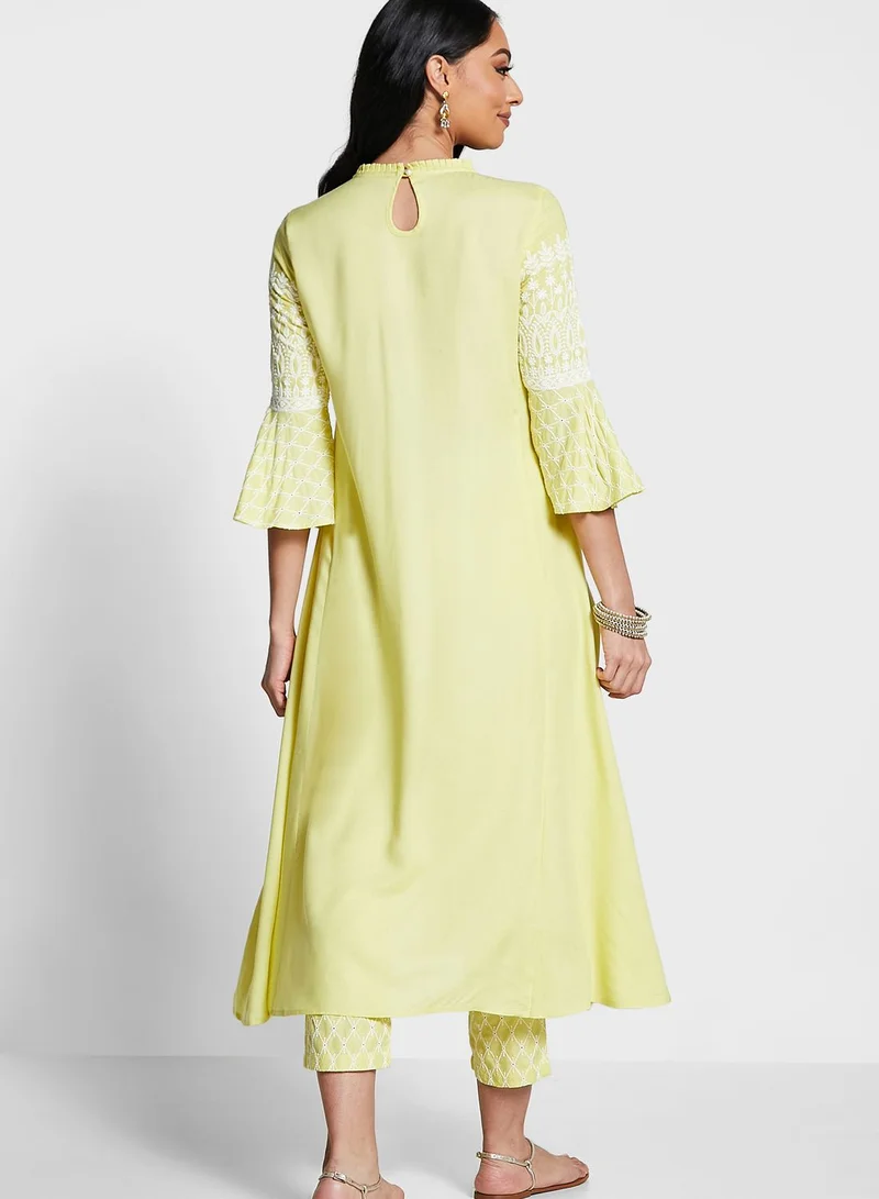 kolaba Ruffle Detail Embroidered Kurti With Pants