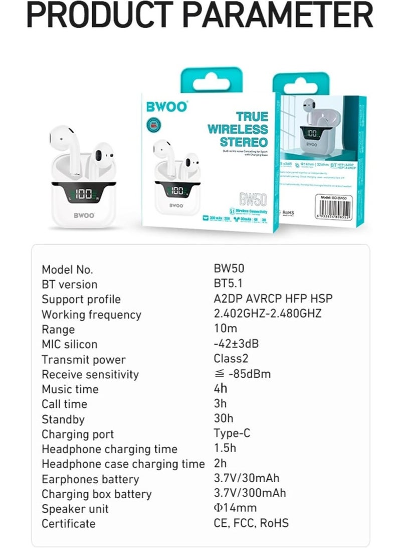 BW50 Wireless Earbuds Bluetooth 5.1, True Wireless Stereo Earphones with Built-in Microphone, 10M Range, Deep Bass Headphones for Android and iOS - Image 4