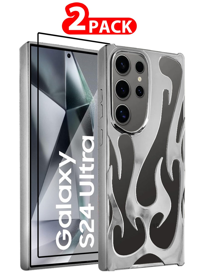 CATANES Galaxy S24 Ultra 2Packs Case Cover Soft TPU and Glossy Flame Design with 3D Shockproof Screen Protector - Silver  - Image 1