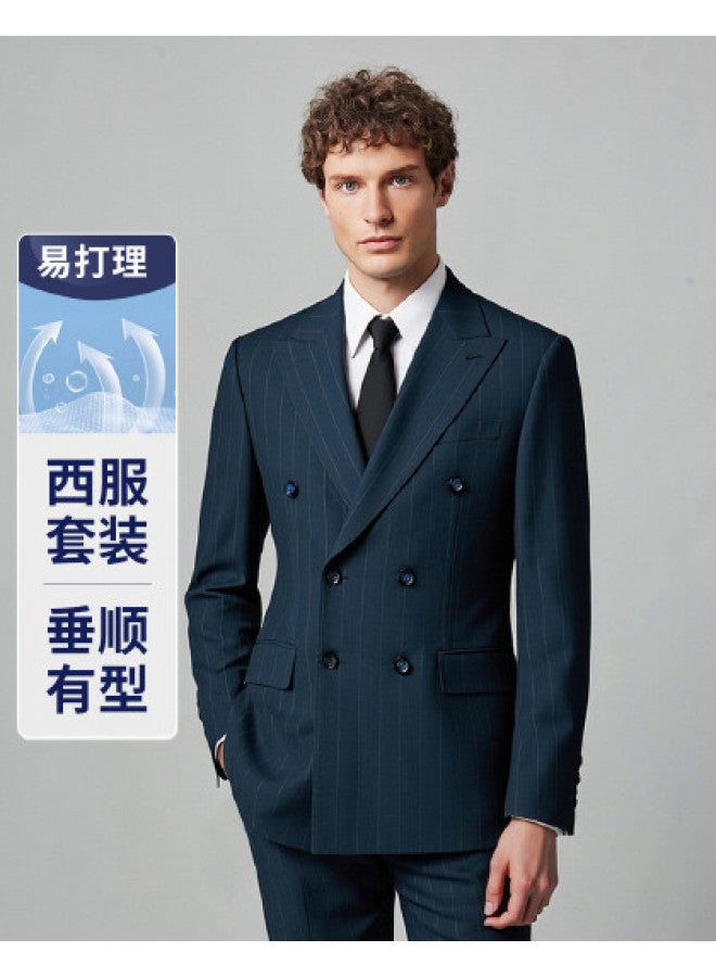 Fapai Top + Pants] Commuting Easy-care Fashion Striped Men's Suit Elastic Waist Straight-leg Trousers Men - Image 1