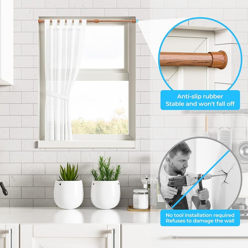 AIZESI Curtain Rods, Small Tension Rod, 17 to 28 Inches, Expandable Spring Curtain Rods, Wood Color, Short Spring Tension Rod for Windows, 2 Pack - Image 4