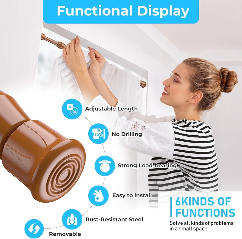 AIZESI Curtain Rods, Small Tension Rod, 17 to 28 Inches, Expandable Spring Curtain Rods, Wood Color, Short Spring Tension Rod for Windows, 2 Pack - Image 2