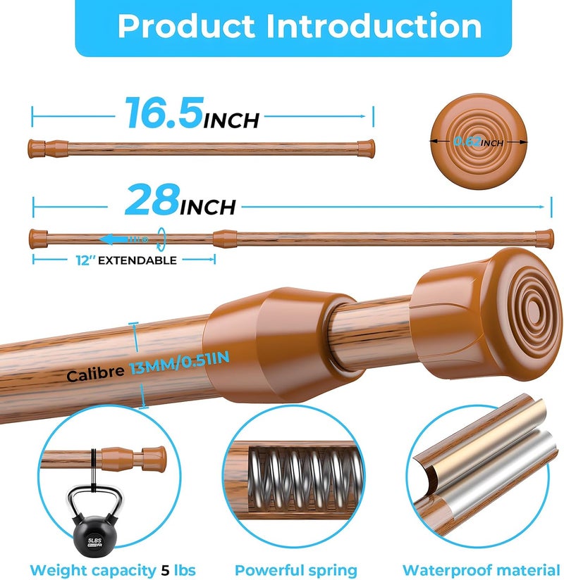 AIZESI Curtain Rods, Small Tension Rod, 17 to 28 Inches, Expandable Spring Curtain Rods, Wood Color, Short Spring Tension Rod for Windows, 2 Pack - Image 3