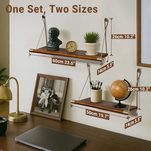 Afuly Mid Century Modern Decor Walnut Floating Shelves for Wall Mounted Shelf Unit Solid Wood Rustic Decorative Shelving Living Room Bedroom Coffee Bar Bathroom Display Plant Photo 24in&20in - Image 2