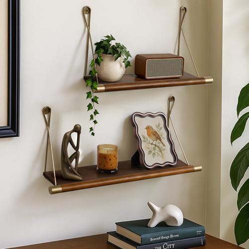 Afuly Mid Century Modern Decor Walnut Floating Shelves for Wall Mounted Shelf Unit Solid Wood Rustic Decorative Shelving Living Room Bedroom Coffee Bar Bathroom Display Plant Photo 24in&20in - Image 1