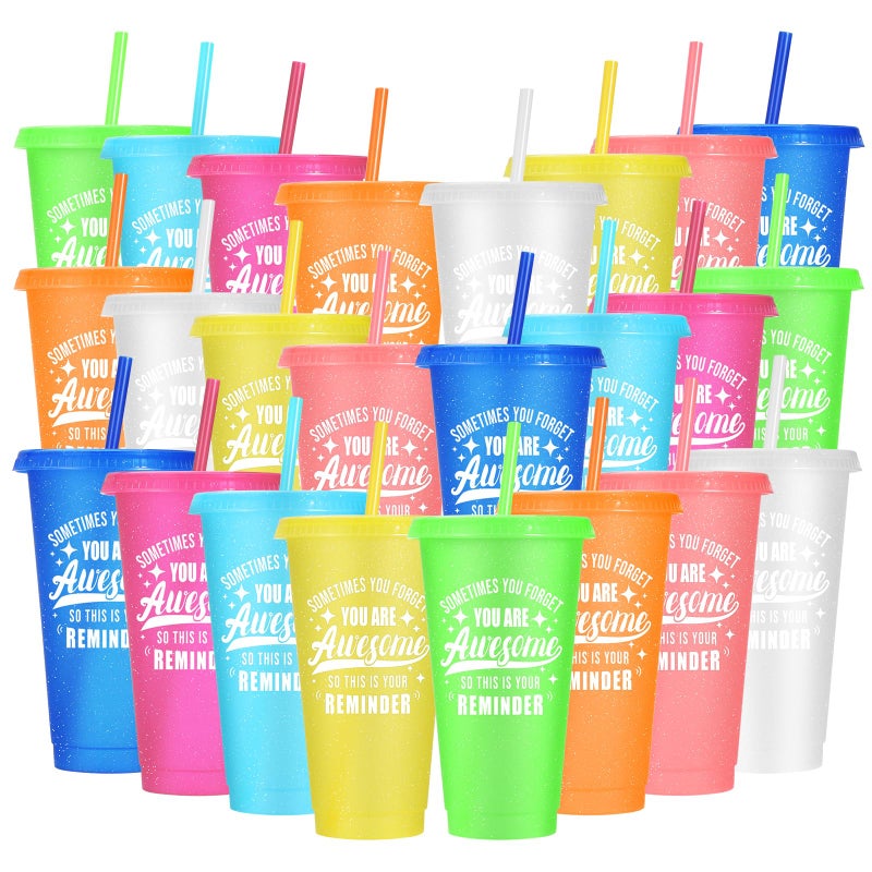 LEIFEOSH 24 Pack Plastic Tumblers with Lids and Straws Sometime You Forget You Are Awesome Gifts Reusable Cups with Lids Colorful Cups for Party Iced Coffee Cup Bulk Tumbler 24 oz Light Color Printed - Image 2