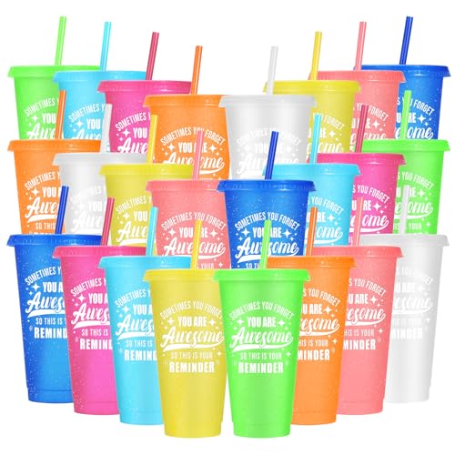LEIFEOSH 24 Pack Plastic Tumblers with Lids and Straws Sometime You Forget You Are Awesome Gifts Reusable Cups with Lids Colorful Cups for Party Iced Coffee Cup Bulk Tumbler 24 oz Light Color Printed - Image 1