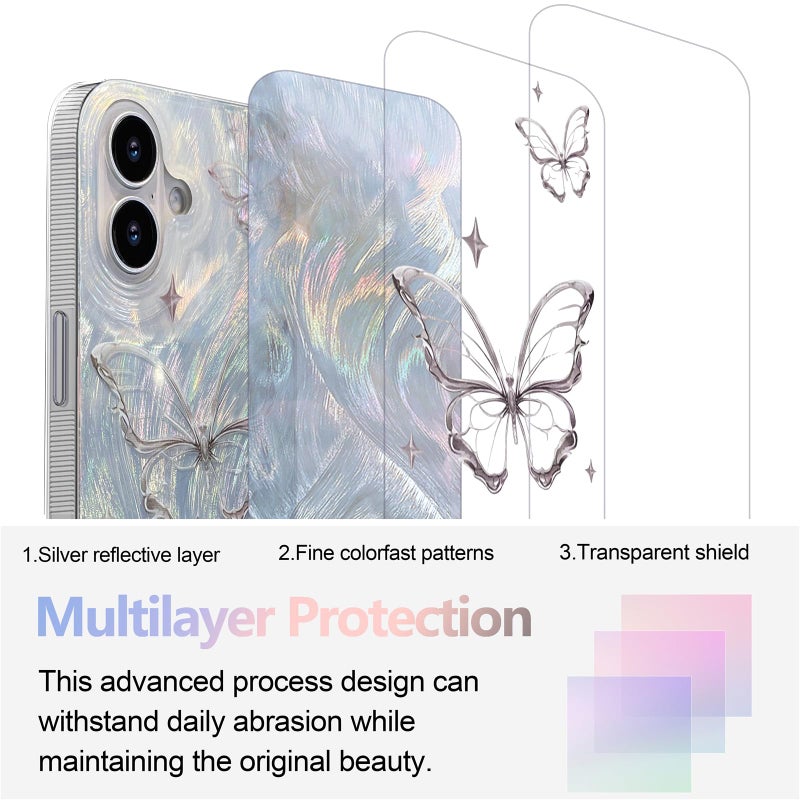 I-MGAE-IN-AR Compact Case for iPhone 16 Shiny Silver Butterfly Design,Cute Trendy Soft Slim TPU Shockproof Protective Phone Cases Cover for Women Girls Aesthetic Glitter - Image 2