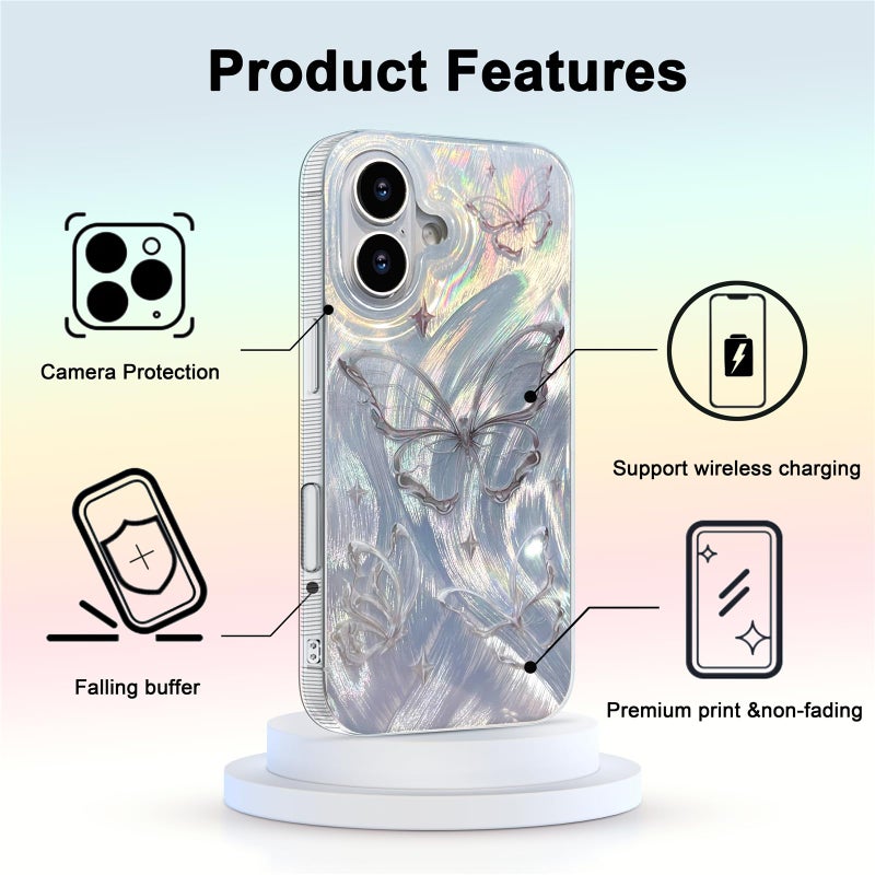 I-MGAE-IN-AR Compact Case for iPhone 16 Shiny Silver Butterfly Design,Cute Trendy Soft Slim TPU Shockproof Protective Phone Cases Cover for Women Girls Aesthetic Glitter - Image 4
