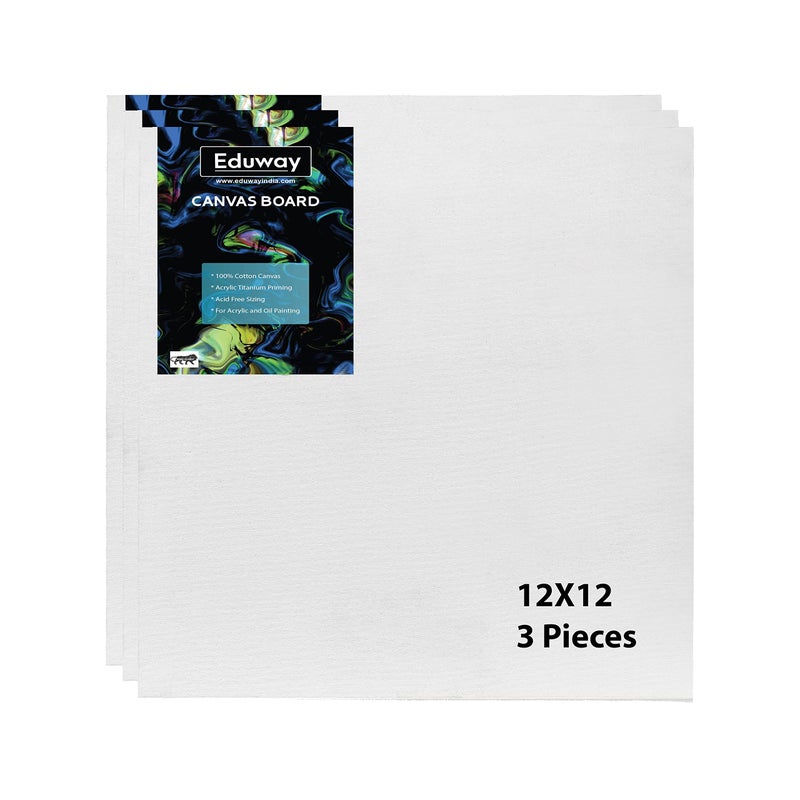 Eduway® Canvas Board for Painting- (12x12) | Premium Quality 7Oz Pre-Primed Cotton Canvas Board for Artists & Beginners | Ideal for Acrylic, Oil, Gouache, Pastels Colors (Pack of 3) (30x30 cms) - Image 1