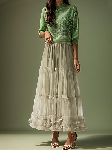kydely Tulle Skirts for Women Long Pleated Maxi Skirt High Elastic Waist A Line Full Ankle Length Skirt Yellow Green - Image 2
