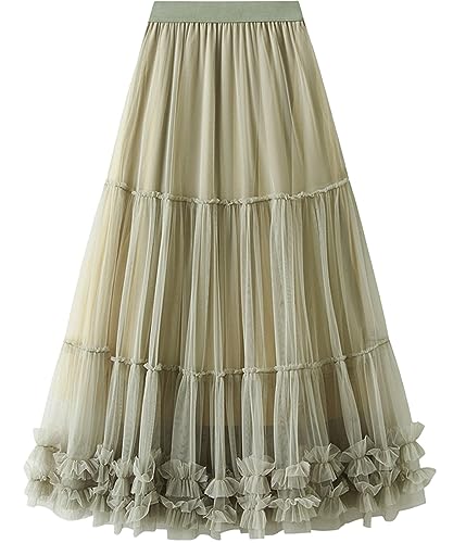 kydely Tulle Skirts for Women Long Pleated Maxi Skirt High Elastic Waist A Line Full Ankle Length Skirt Yellow Green - Image 1