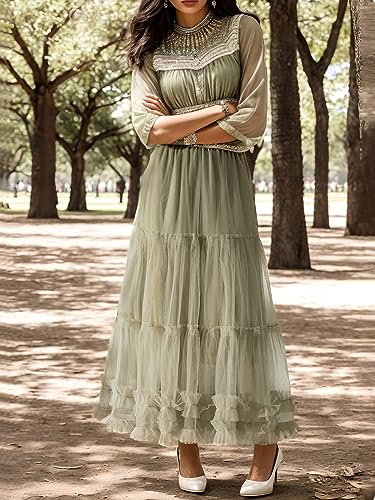 kydely Tulle Skirts for Women Long Pleated Maxi Skirt High Elastic Waist A Line Full Ankle Length Skirt Yellow Green - Image 3