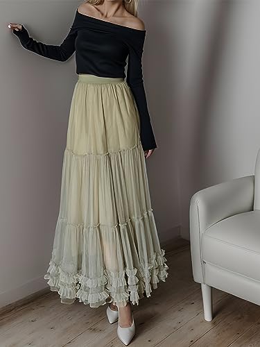 kydely Tulle Skirts for Women Long Pleated Maxi Skirt High Elastic Waist A Line Full Ankle Length Skirt Yellow Green - Image 4
