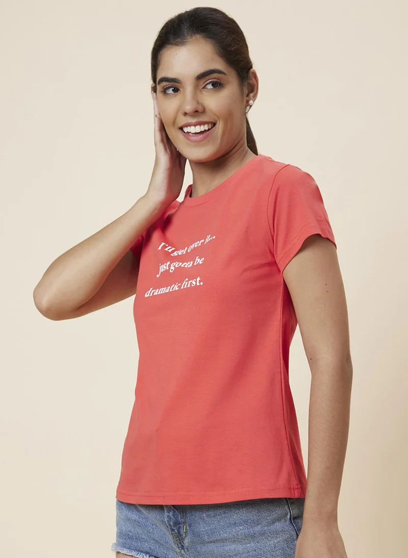 جلو باص تيشيرت قطن خالص بطبعة حروف نسائي برتقالي