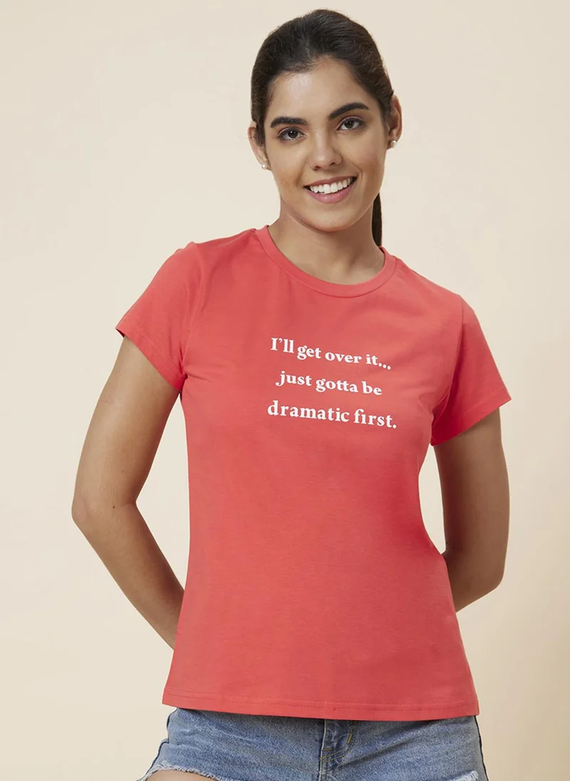 globus Globus Women Orange Typography Printed Pure Cotton T-Shirt