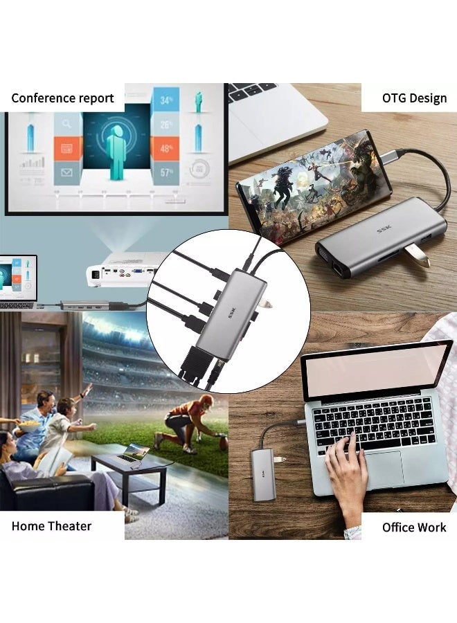 SSK 11-in-1 USB C Docking Station Dual Monitor,HDMI 4K/60Hz Multiport Adapter , Thunderbolt Dock Triple Display with 2 HDMI+VGA,RJ45 Ethernet,100W PD,3 USB - Image 5