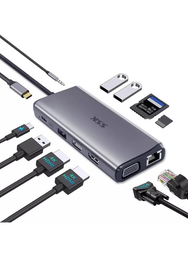 SSK 11-in-1 USB C Docking Station Dual Monitor,HDMI 4K/60Hz Multiport Adapter , Thunderbolt Dock Triple Display with 2 HDMI+VGA,RJ45 Ethernet,100W PD,3 USB - Image 1
