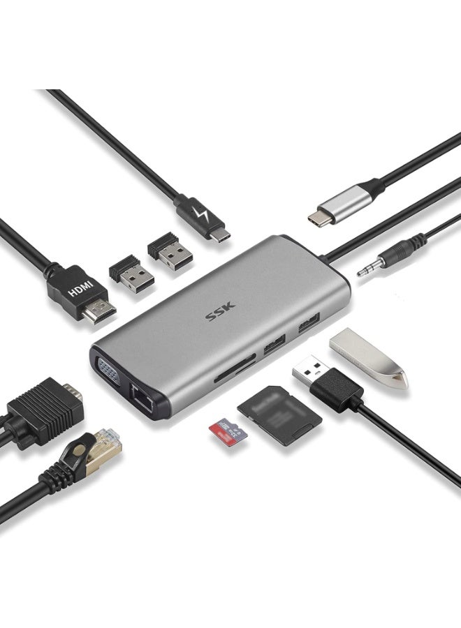 اس اس كي محطة إرساء 11 في 1 لأجهزة الكمبيوتر المحمولة مع شاشتين، قاعدة توصيل USB C MacBook Pro HDMI متعدد المنافذ مع إيثرنت، VGA، مدعوم بـ PD3.0، 4 منافذ USB، SD/TF CR لأجهزة MacBook Air (Thunderbolt 3) من النوع C - Image 1