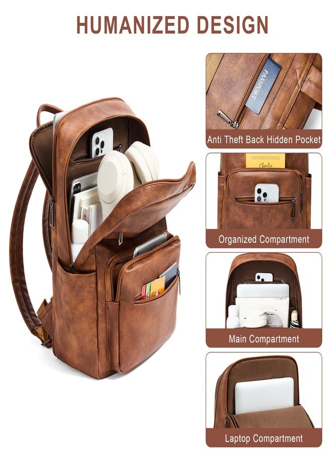 Mroede Leather Laptop Backpack for Women 15.6 Inch Laptop Travel Backpack Purse Casual Daypack with Laptop Compartment for College Work Nurse Business Weekender, Brown - Image 2